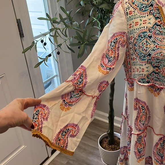 Naudic Paisley Boho Dress Romantic Embroidered Trim Bell Sleeves Size Medium - Picture 5 of 12